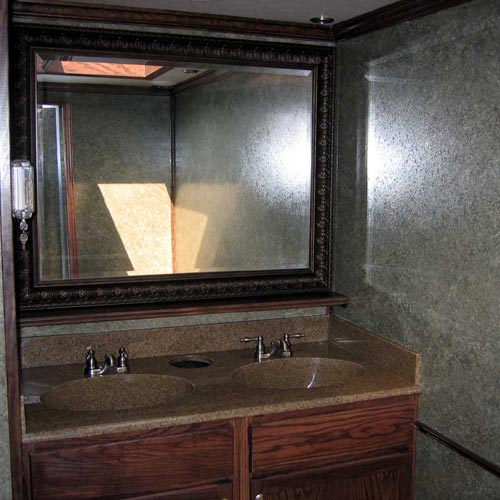 View of the double vanity inside the 6-station restroom trailer